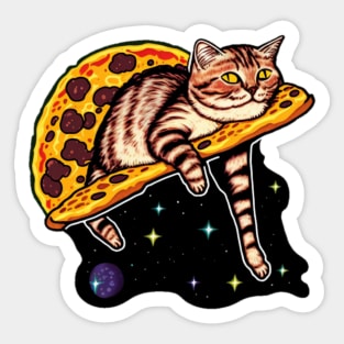 Tired cat riding a slice of pizza in space Sticker